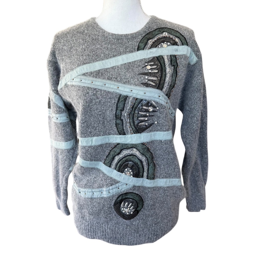 Vintage 1989 IB Diffusion Silk Grey Embellished Sweater‎ Womens Petite M